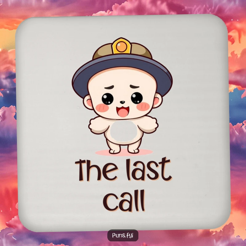 Funny drink coaster featuring a determined period character landing after a lengthy sentence, protecting surfaces with a witty literary design.