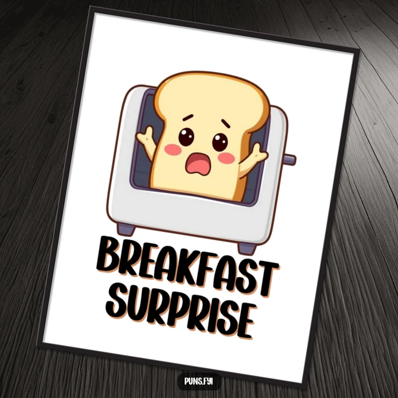 Funny surprised loaf of bread with small arms reaching into a toaster, humorous art print, perfect for kitchen or dining room decor.