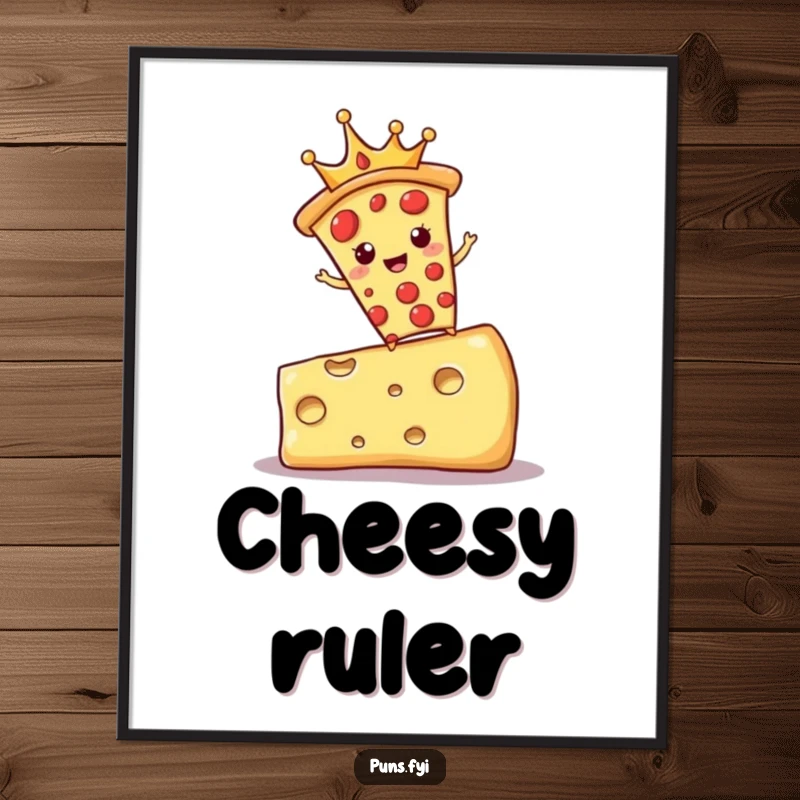 Funny poster art of a crowned pizza slice balancing on a giant cheese block, signifying delicious authority and humor.