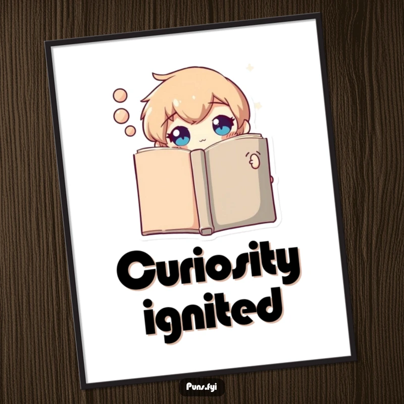 Funny poster featuring a curious thought bubble character peeking intriguingly from behind a book, inviting contemplation and wonder.