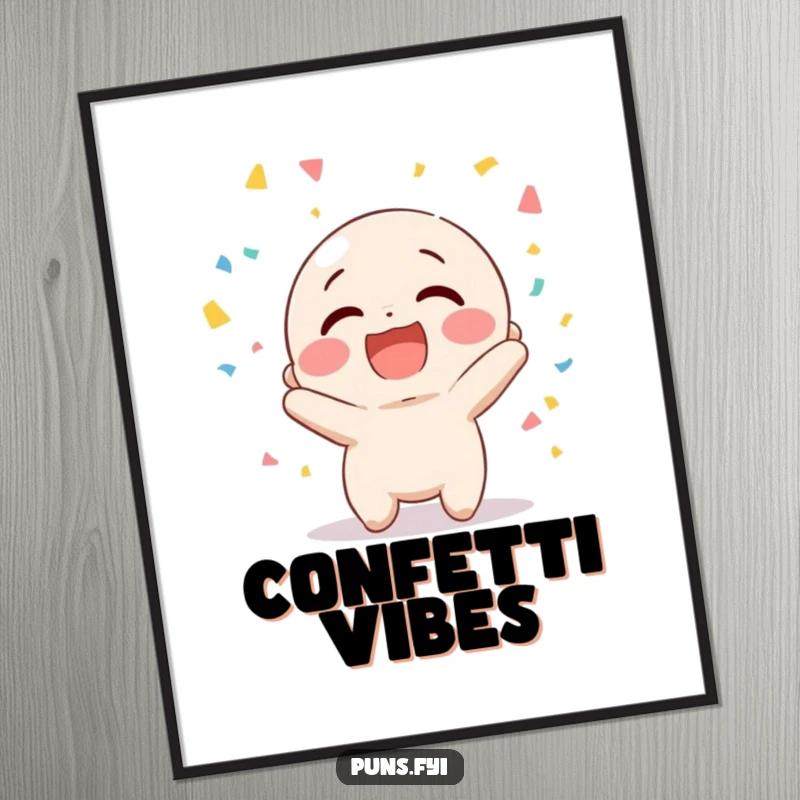 Funny poster featuring a happy character giggling with delight while throwing colorful confetti into the air, creating a festive scene.