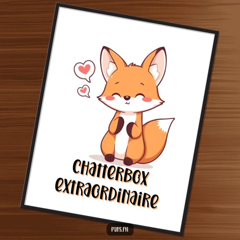 Funny kawaii fox happily juggling three tiny speech bubbles, a vibrant and cheerful wall art poster.