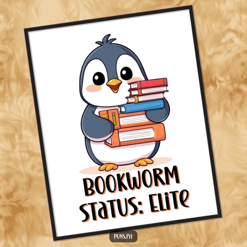 Funny Penguin Poster featuring a happy penguin offering books with a cheerful nod, creating a joyful and literary wall decor.