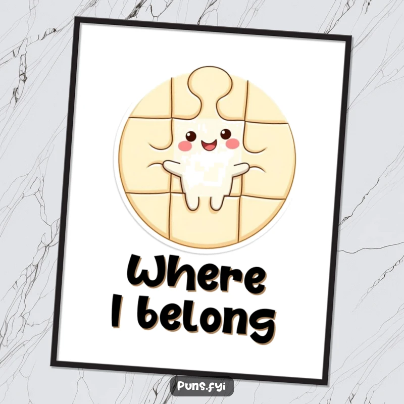 Funny poster showing a smiling puzzle piece character seamlessly integrating into a larger, complementary shape, symbolizing unity.