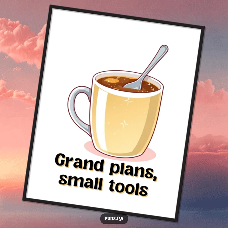 Funny poster art of a tiny spoon attempting to stir a massive mug of sparkling liquid, highlighting effort and humor.