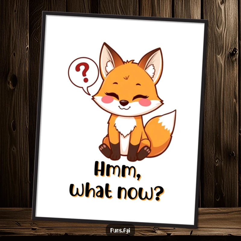 Funny poster of a playful fox with a mischievous grin, holding a speech bubble filled with question marks, inviting intrigue.