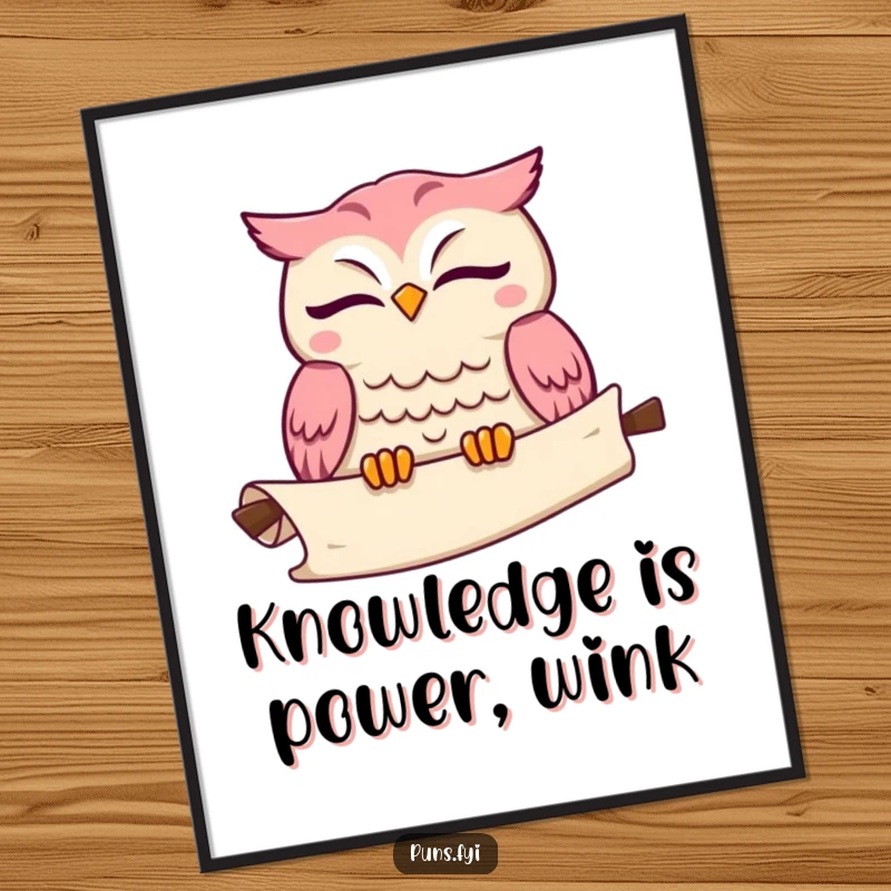 Funny kawaii owl poster depicting a cute winking owl with an unrolling scroll, adding wisdom and humor to walls.
