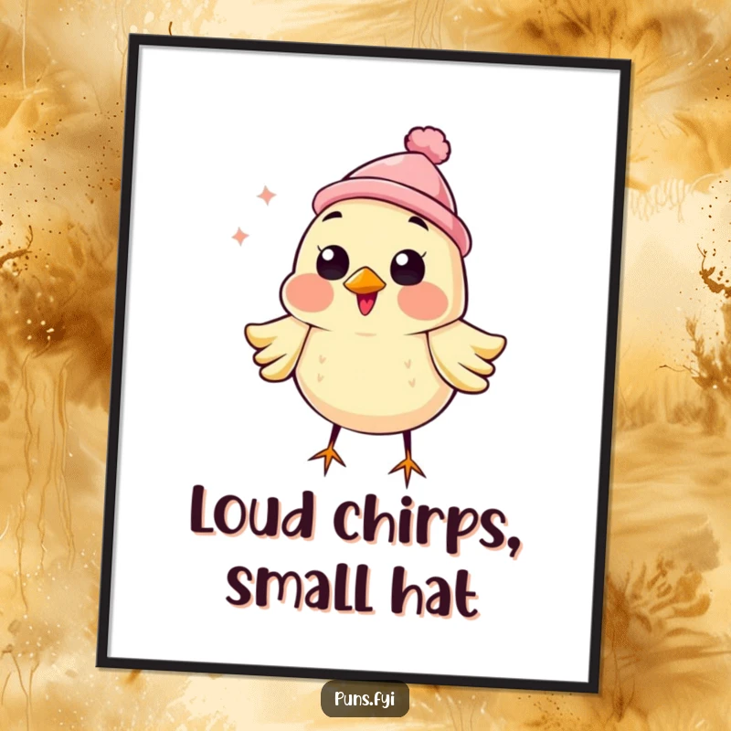 Funny poster art of a happy bird wearing a tiny hat, loudly chirping with pure delight, bringing vibrant energy.