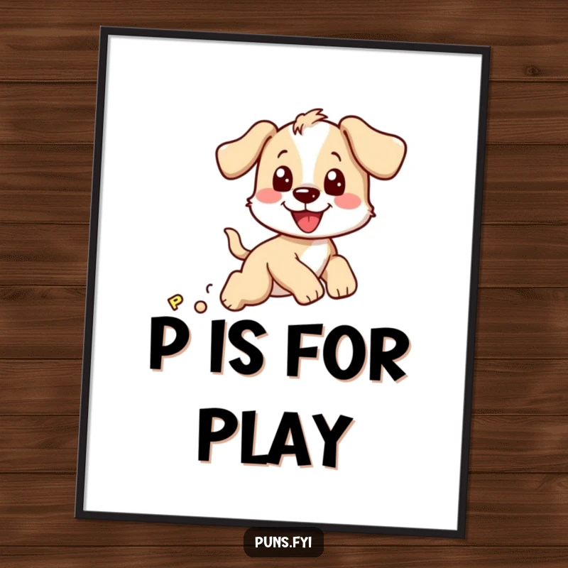 Funny poster depicting a joyful puppy character in mid-chase of a bouncy letter P, adding a playful vibe to decor.