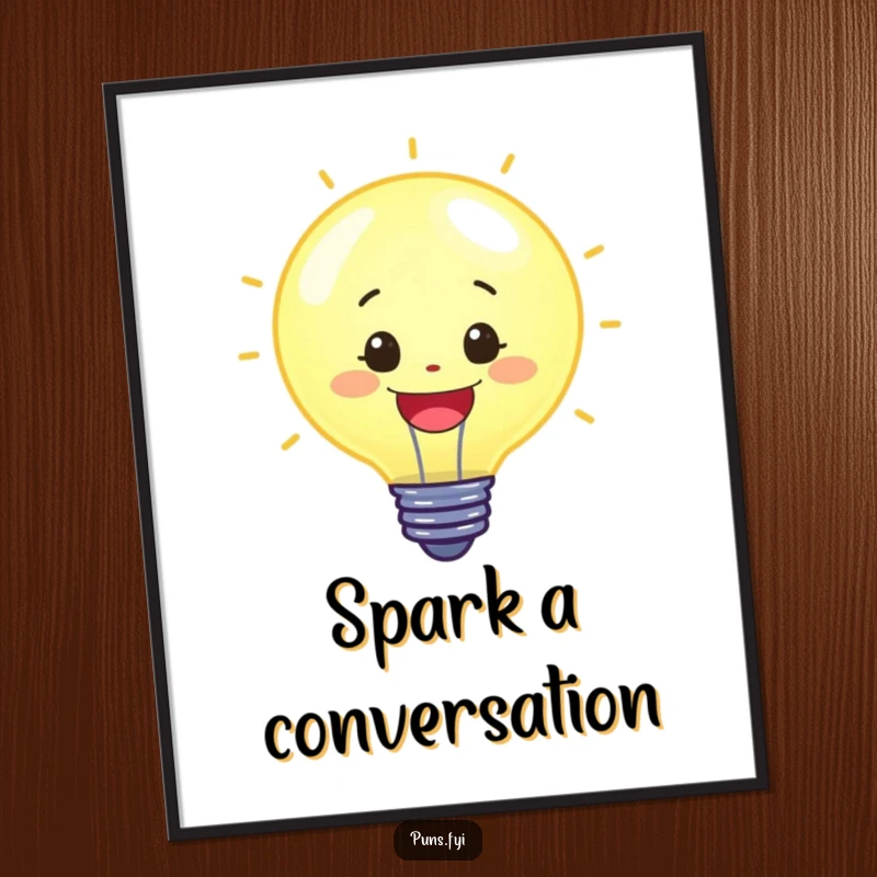 Funny poster art of a cheerful lightbulb character emitting a bright, energetic glow, symbolizing inspiration and ideas, a great funny gift.