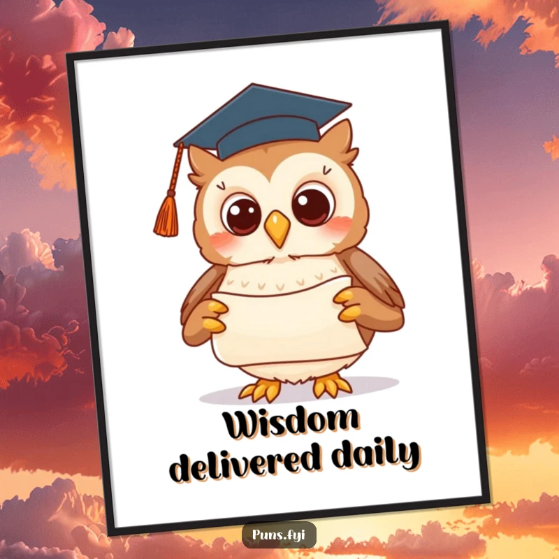Funny poster of a cute owl wearing a tiny graduation cap, presenting a scroll with a flourish, symbolizing academic accomplishment.