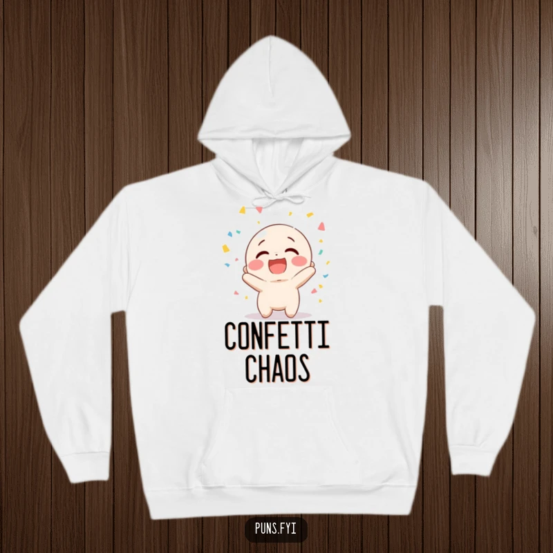 Funny hoodie featuring a happy character giggling gleefully while showering the air with vibrant confetti, perfect for festive occasions.