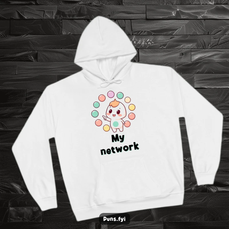 Funny hoodie featuring a character enthusiastically gesturing towards linked circles, perfect for staying warm and connected.