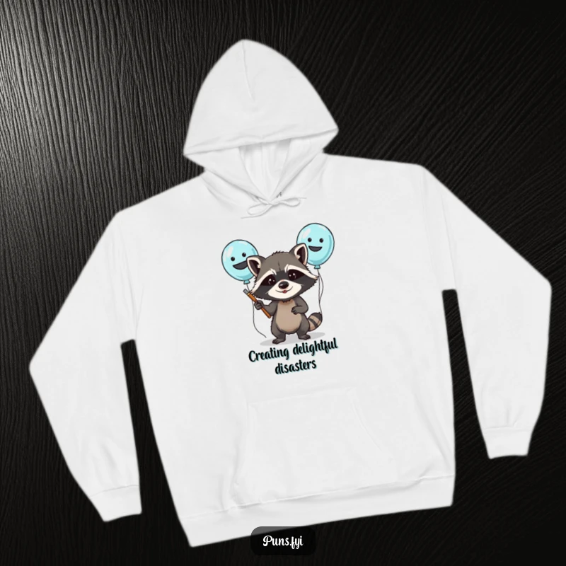 Funny hoodie featuring a determined raccoon artistically decorating balloons with comical faces, ready for festivities.