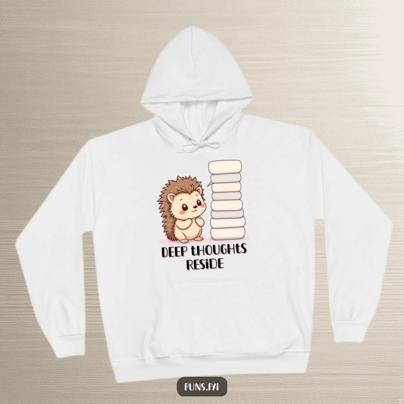 Funny hoodie featuring a thoughtful kawaii hedgehog near word bubbles, perfect for cozy thinking and relaxation.