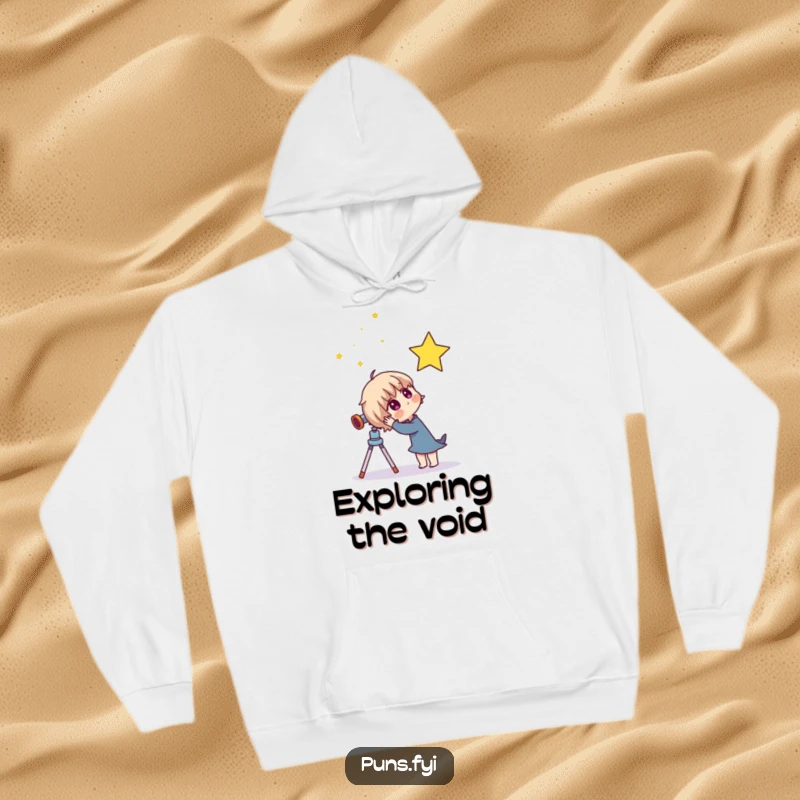 Funny hoodie with a cute character using a telescope to observe a sparkling star, designed for comfort and cosmic contemplation.