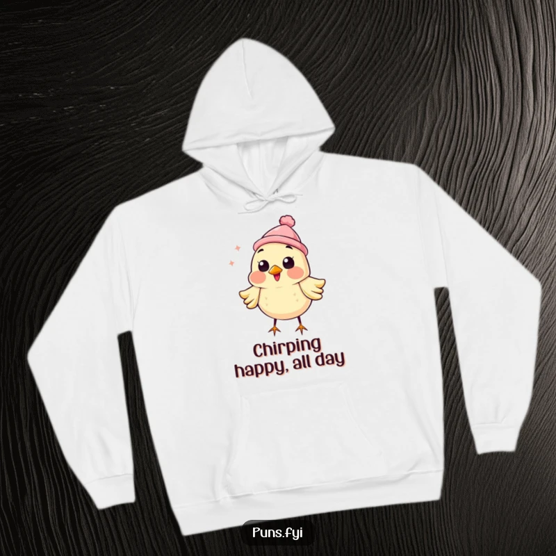 Funny, cozy hoodie featuring a cheerful bird adorned with a tiny hat, singing its heart out with gusto.