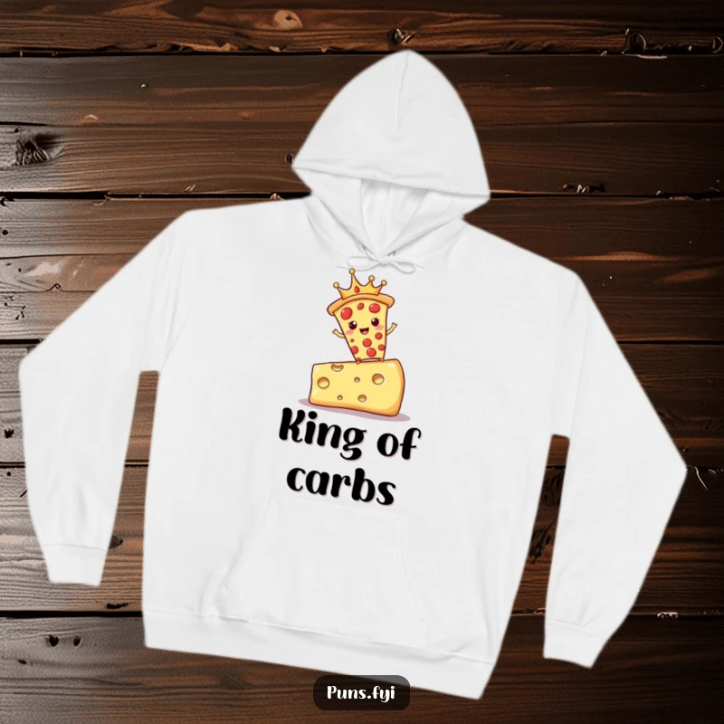 Funny hoodie featuring a crowned pizza slice balancing on a huge cheese block, a symbol of delicious, cheesy power.