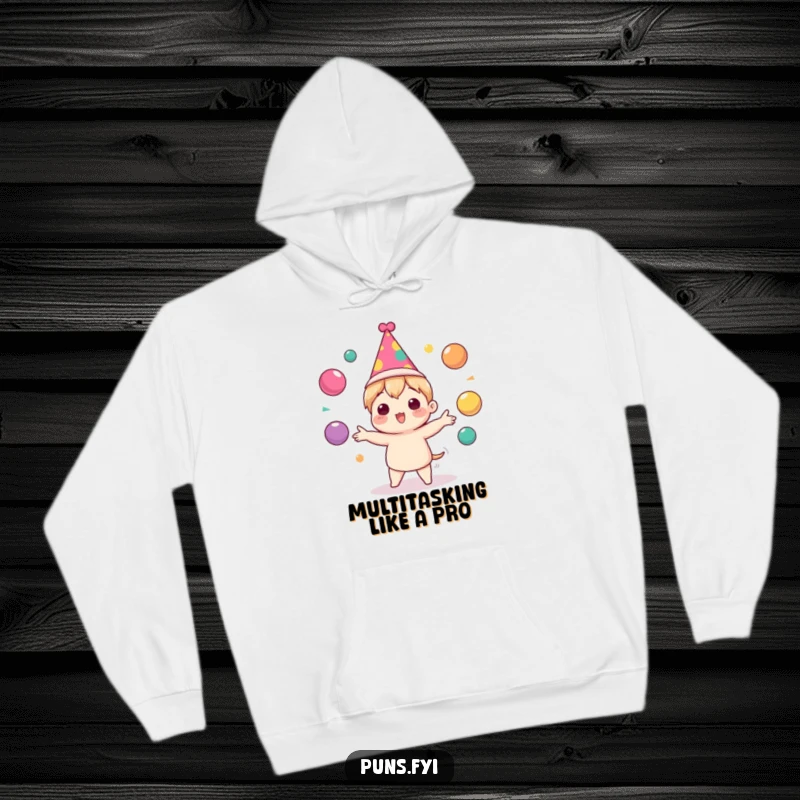 Funny Hoodie displaying a cute character in a party hat, enthusiastically juggling colorful balls, designed for cozy, festive vibes.