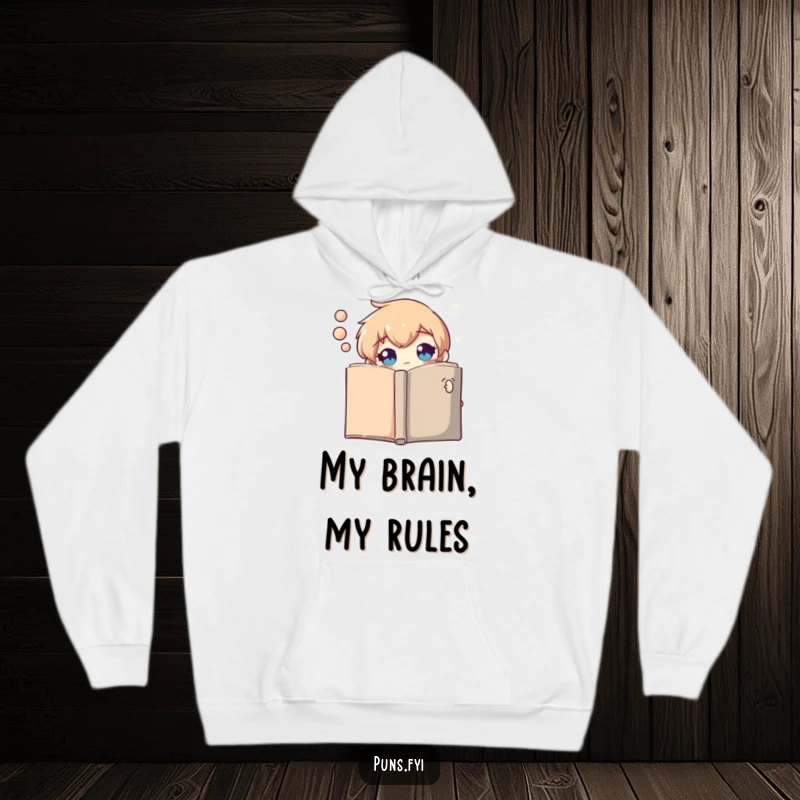 Funny hoodie with a curious thought bubble character peeking from behind a stack of books, embodying a love for knowledge.