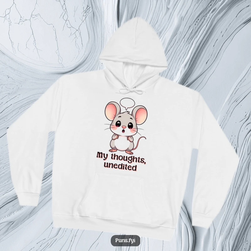 Funny hoodie showcasing a kawaii mouse with a startled expression, a speech bubble highlights its surprised reaction, perfect for casual wear.