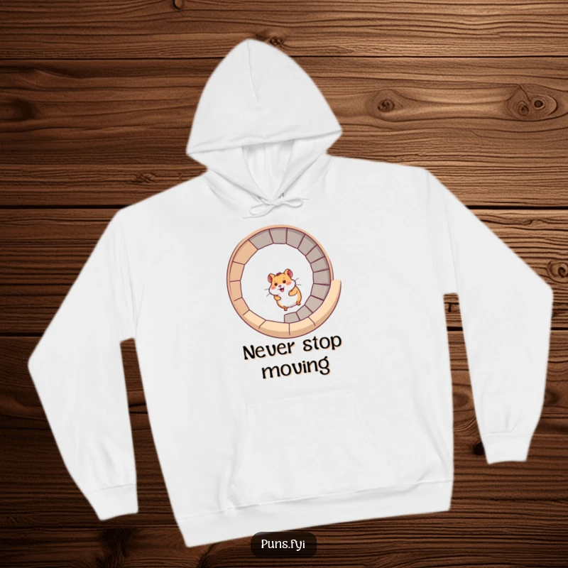 Funny hamster hoodie depicting a hamster racing up a spiral staircase, perfect for adventurous wear and playful comfort.