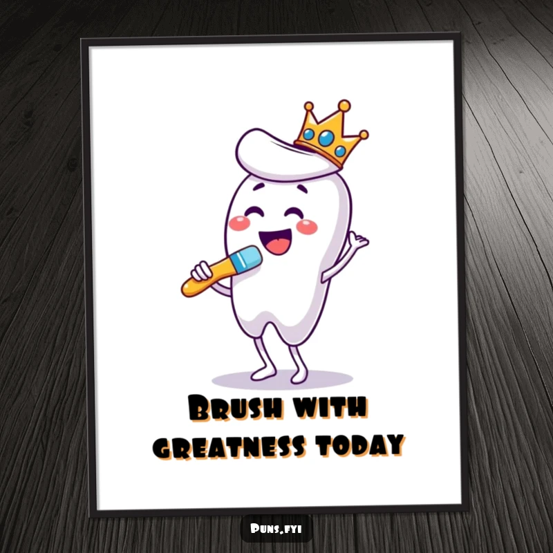 Funny Free Printable Wall Art: A toothbrush wearing a crown dances energetically while brushing a giant tooth. Whimsical downloadable art.