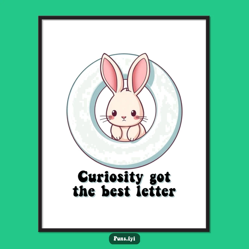 Bring a touch of playful curiosity to your decor with this free printable art. A rabbit peeking from a spinning letter, easy to print at home.