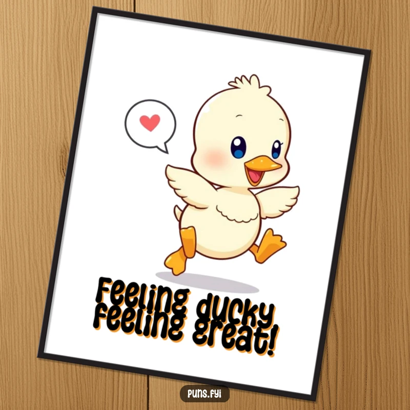 Funny Free Printable Wall Art: A cute kawaii duckling happily leaping in the air, a speech bubble adds to the joy.