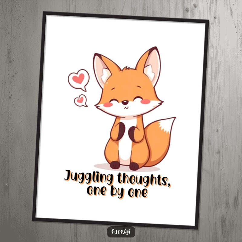 Funny Free Printable Wall Art of a kawaii fox happily juggling three tiny speech bubbles, bringing playful energy and whimsical decor.