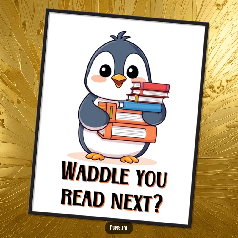 Funny Free Printable Wall Art: A happy penguin proudly displays a stack of books with a cheerful nod.