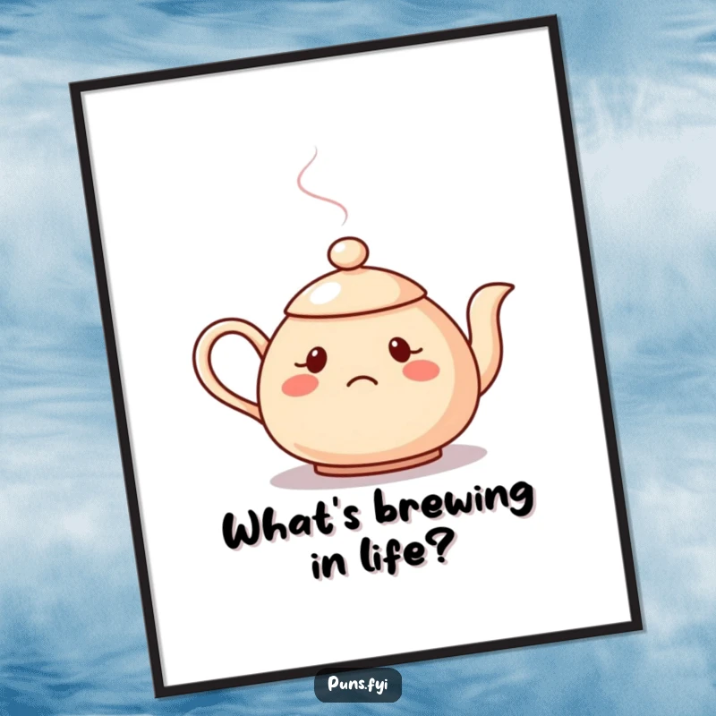 Funny Free Printable Wall Art: A teapot with a steaming question mark spout looks completely bewildered. Quirky downloadable art.