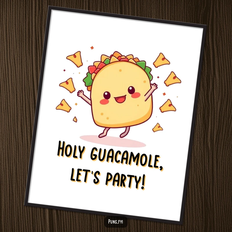 Funny Free Printable Wall Art: A cheerful taco with tiny legs dancing joyfully, surrounded by small flying nachos. Kitchen decor.