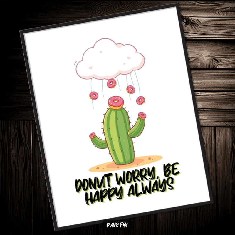 Funny Free Printable Wall Art: A fluffy cloud rains tiny donuts onto a very surprised cactus. Whimsical downloadable art.