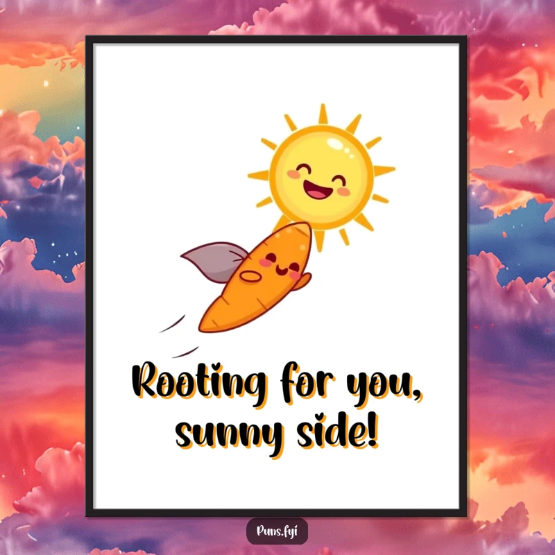 Funny Free Printable Wall Art of a cheerful carrot wearing a tiny cape, soaring through the sky towards a beaming, laughing sun.