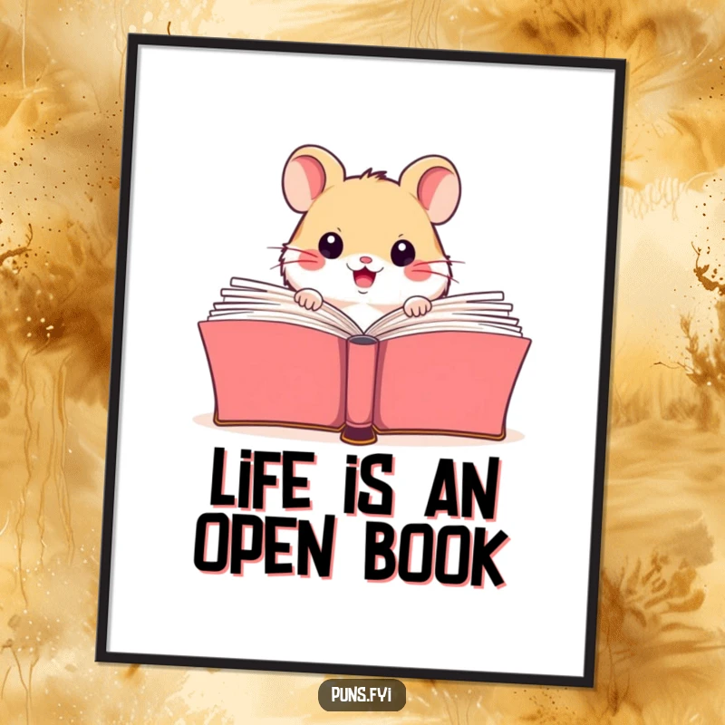 Funny Free Printable Wall Art: A happy hamster character peeking curiously from behind a giant, open book, creating a cozy scene.