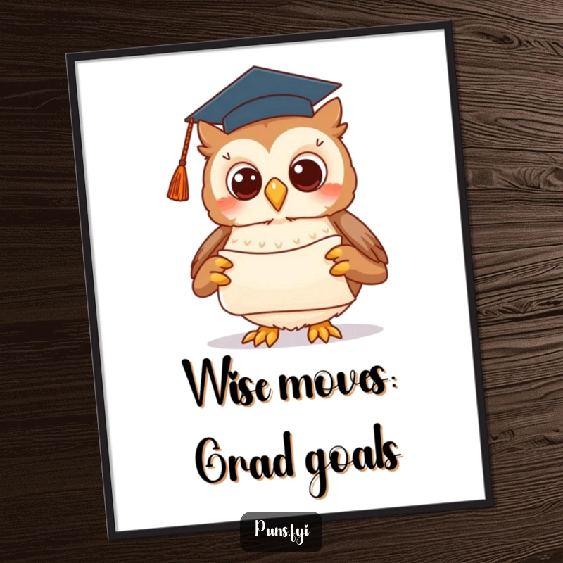 Funny free printable wall art of a cute owl wearing a tiny graduation cap, presenting a scroll with a flourish, perfect for smart decor.