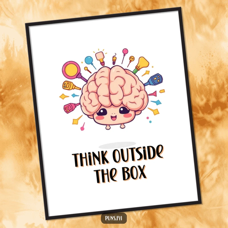 Funny Free Printable Wall Art of a cute cartoon brain character dramatically bursting with a vibrant explosion of colorful, creative ideas.