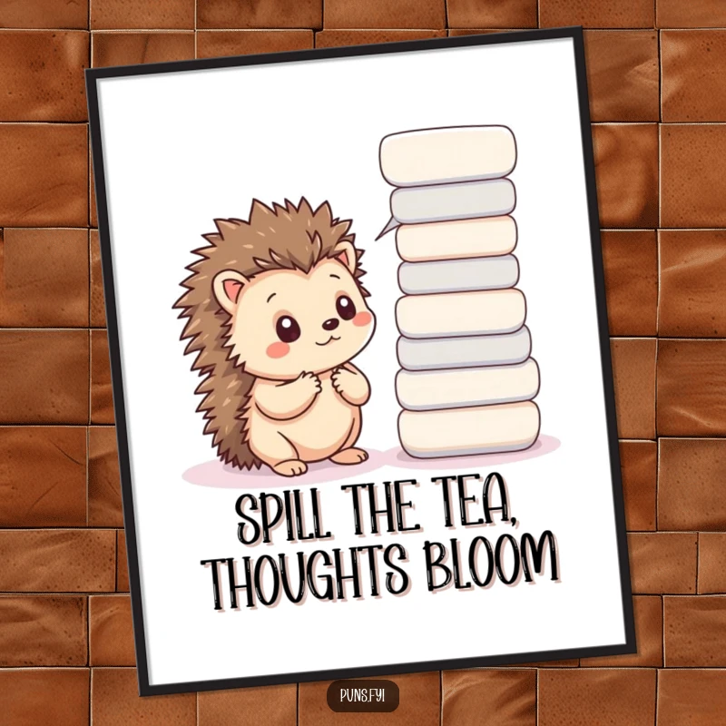 Funny Free Printable Wall Art: A cute kawaii hedgehog looks deep in thought beside a stack of colorful speech bubbles.