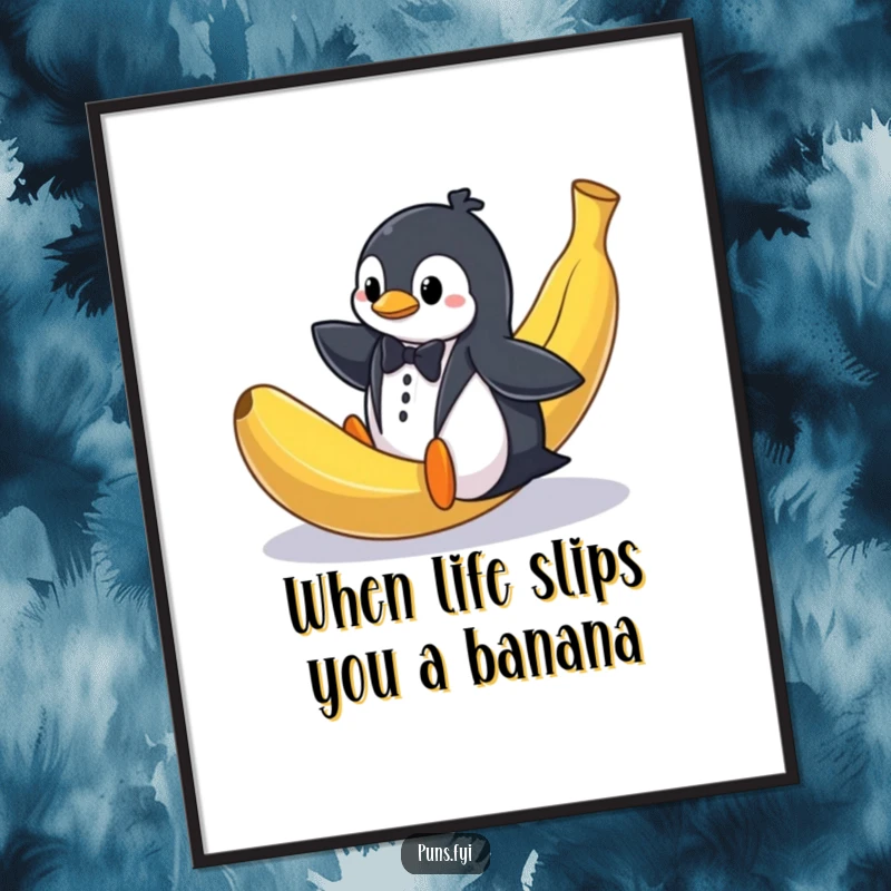 Funny Free Printable Wall Art: A penguin dressed in a tuxedo comically slipping on a huge banana peel. Hilarious downloadable art.