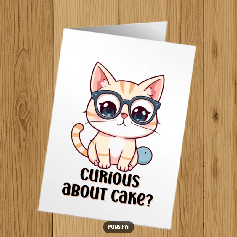 Funny Free Printable Birthday Card featuring a kawaii cat in glasses, intensely studying a giant question mark, adding a quirky twist.