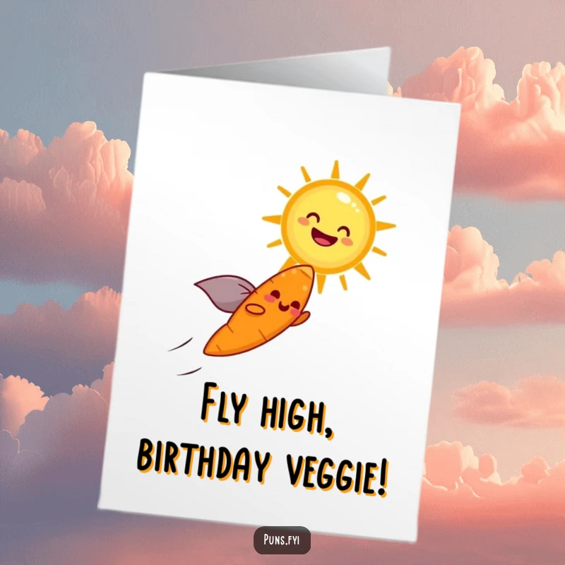 Funny Free Printable Birthday Card: A cheerful carrot with a cape flies towards a laughing sun, spreading birthday joy.