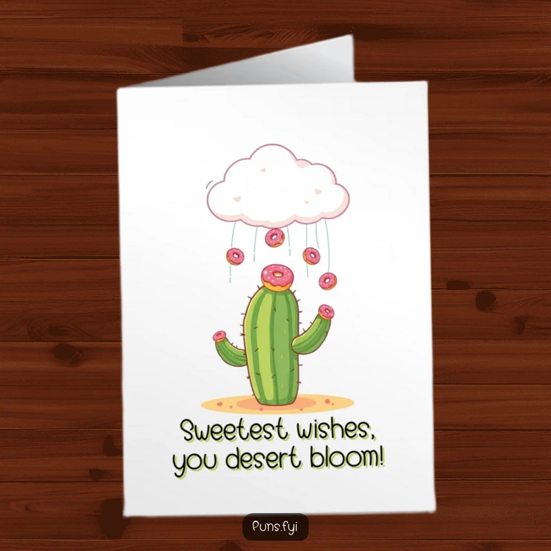 Funny Free Printable Birthday Card: A cloud rains donuts onto a shocked cactus. A sweet and funny downloadable gift.