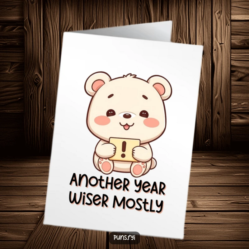 Funny Free Printable Birthday Card featuring a kawaii bear with a playful grin holding a sign with a large exclamation mark, ready to party.