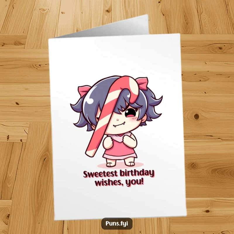 Funny Free Printable Birthday Card: A character with a mischievous grin holds a colorful, striped candy cane, ready to celebrate.