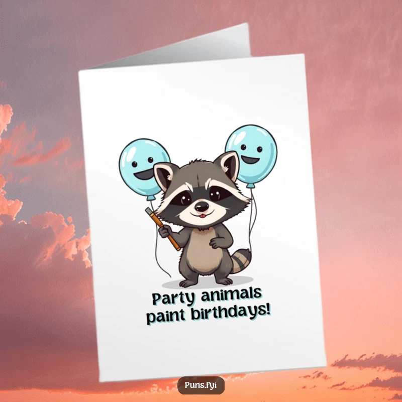 Funny Free Printable Birthday Card: A determined raccoon character about to paint silly faces on colorful balloons.