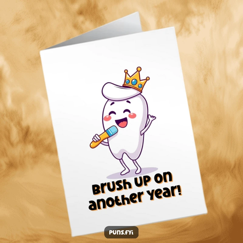 Funny Free Printable Birthday Card: A toothbrush with a crown dances enthusiastically at a giant tooth. A clean and funny gift.