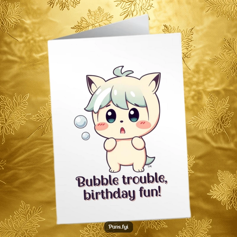 Funny Free Printable Birthday Card featuring a character comically startled by a tiny, popping bubble, perfect for a laugh.