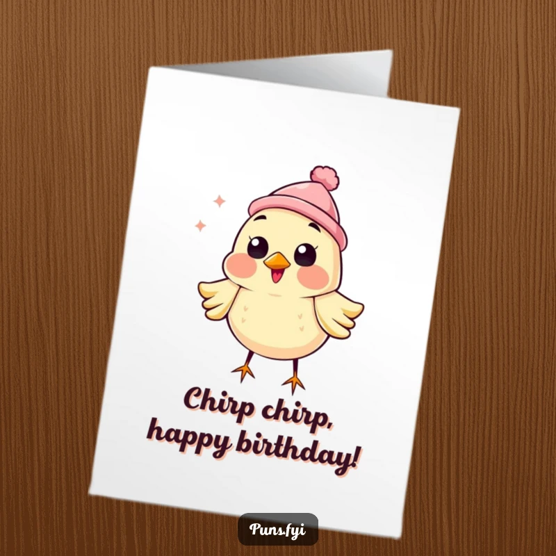 Funny free printable birthday card: a happy bird in a tiny hat chirping enthusiastically.