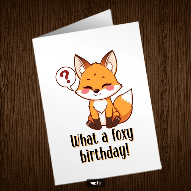Funny free printable birthday card with a playful fox grinning, holding a speech bubble full of question marks, perfect for curious celebrations.